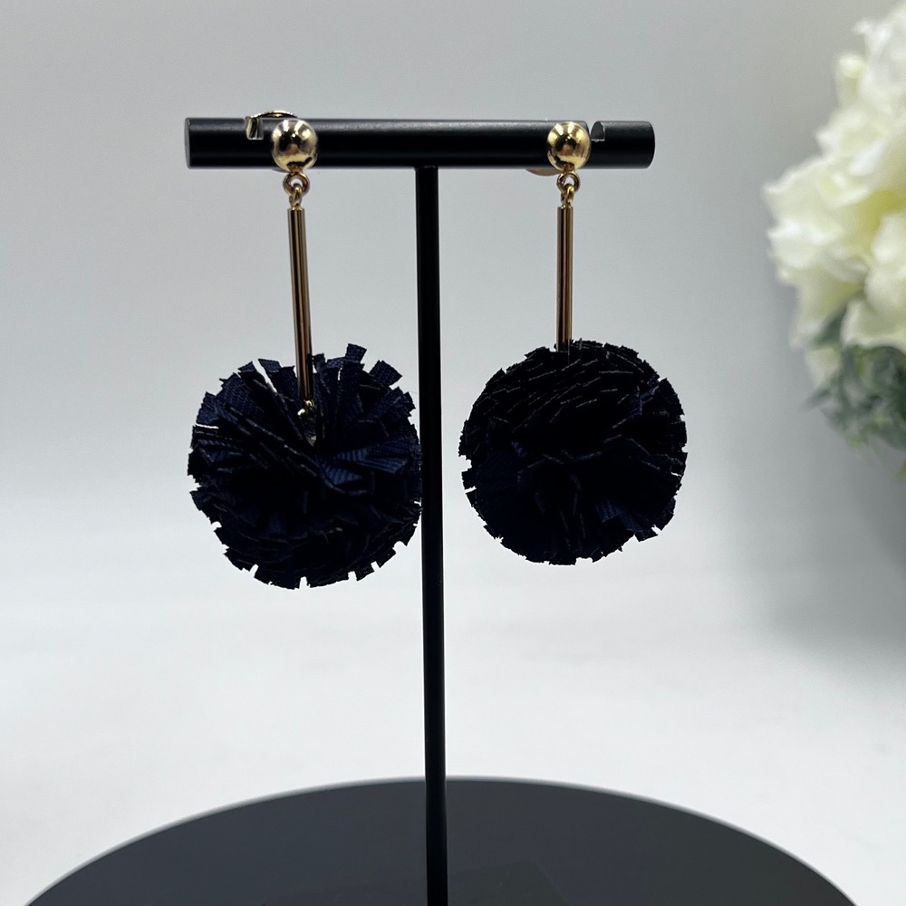 J. Crew gold tone Navy Blue Fabric Carnation Pom Pom Dangle earrings